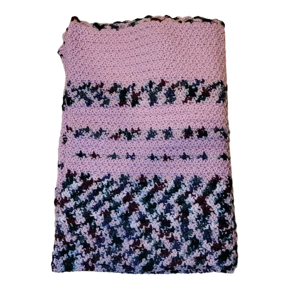 Vintage‎ Handmade Crochet Pink And MultiColor Stiped Afghan Blanket 38x53